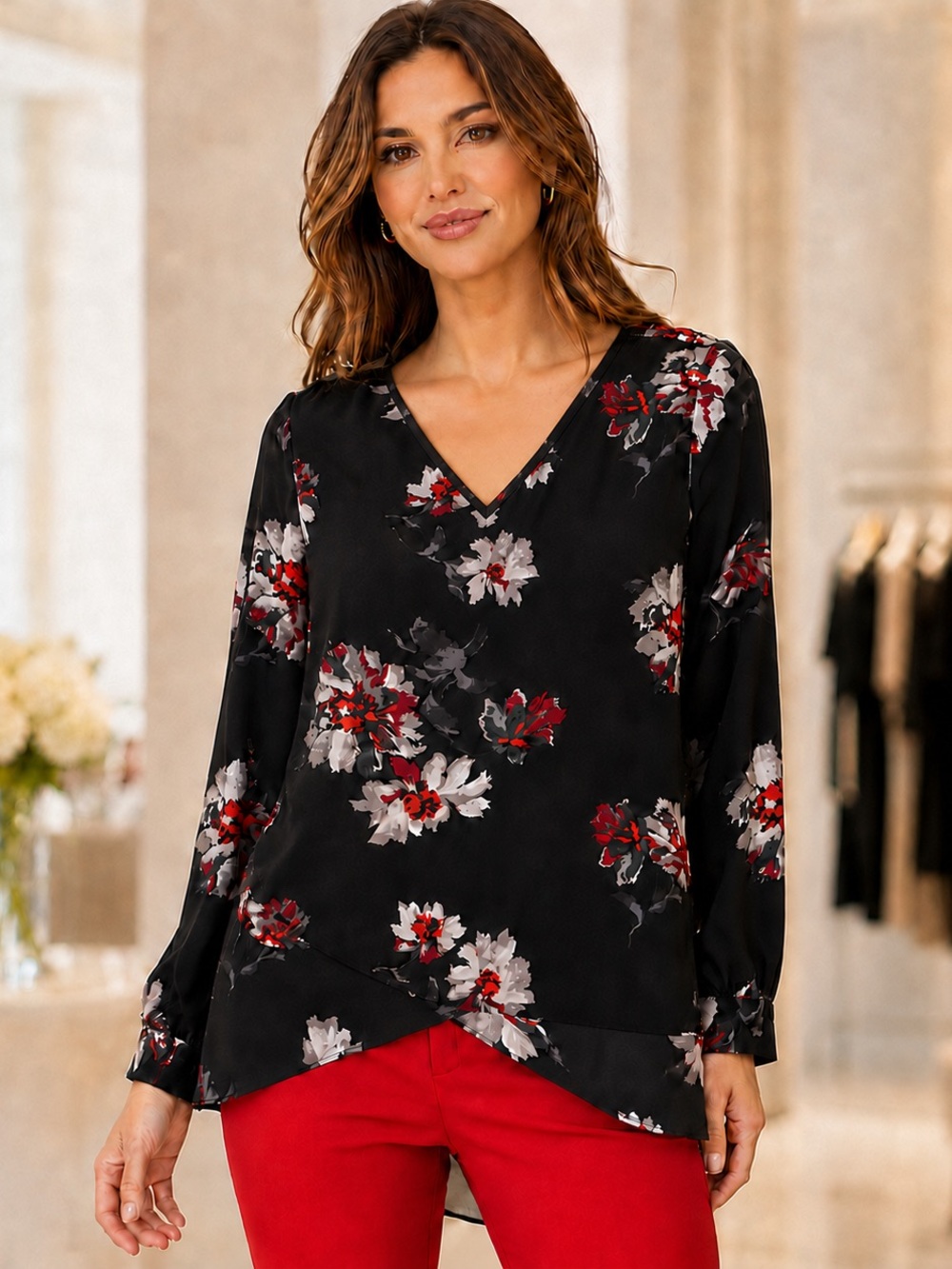 Chelsea & Theodore Floral Layered Hem Blouse Black Red Large